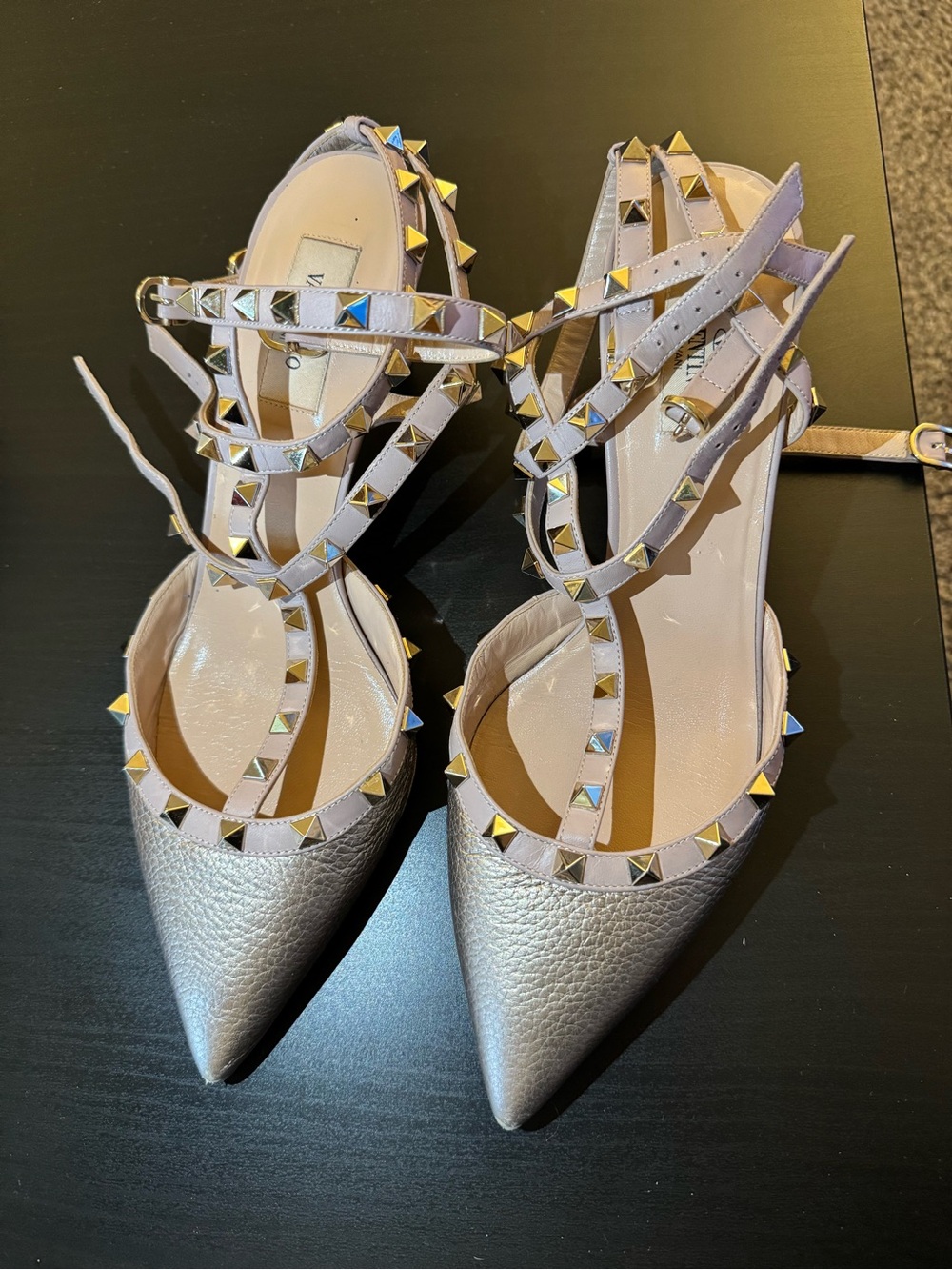 Valentino Garavani Silver Studded Pointed-Toe Strappy Flats